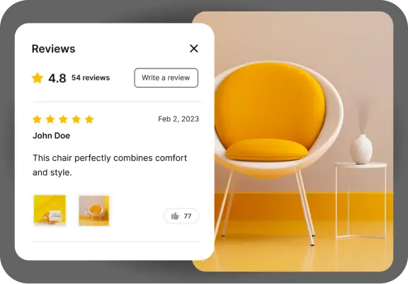 A product review widget showing 4.8 stars from 54 reviews with customer photos