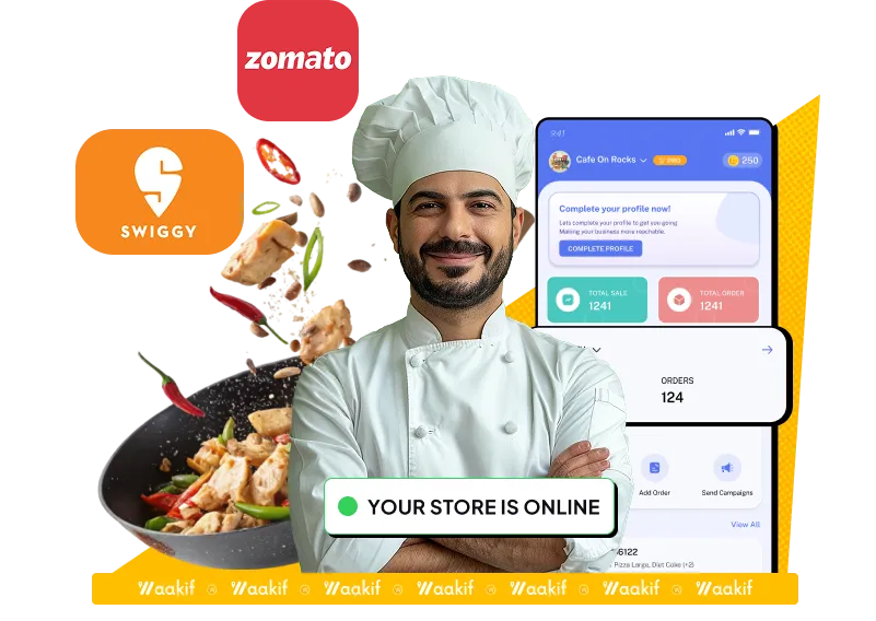 A chef beside Swiggy and Zomato logos and a dashboard showing the store is online with 124 orders