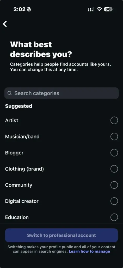 Instagram Creator Account - Pick Creator Type